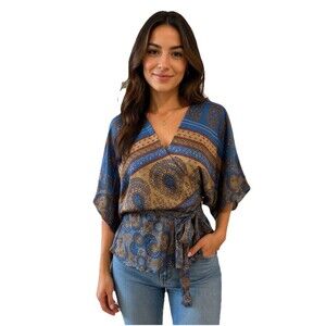 Earthbound Trading Co Wrap Blouse Size M Flowy Boho Kimono Sleeve Blue Indie